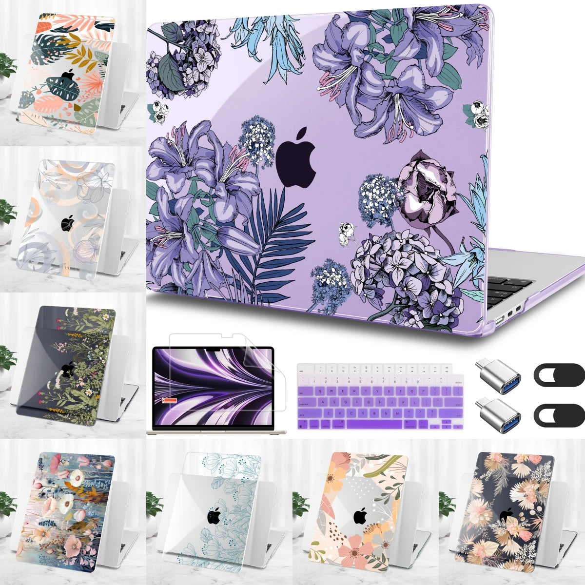 Elegant Purple Floral Print MacBook Case