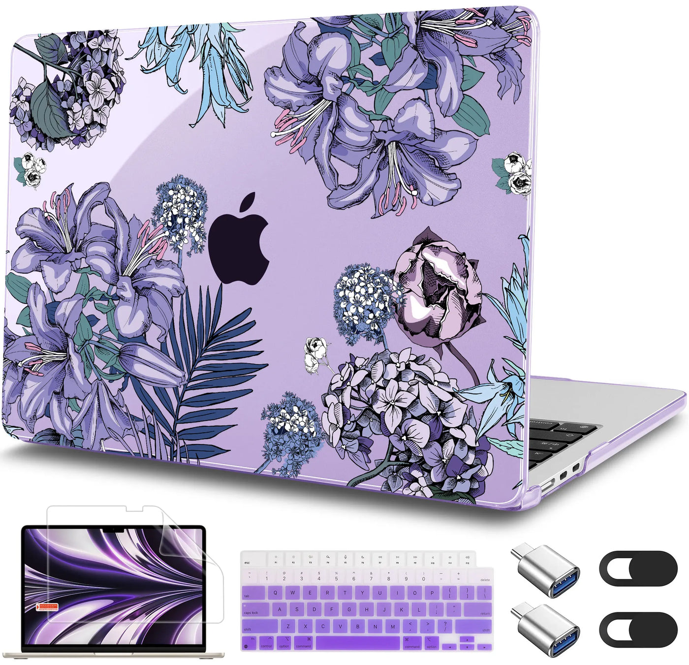 Elegant Purple Floral Print MacBook Case